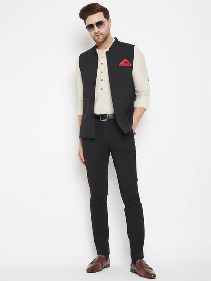 Even Apparels Black Merino Men Woven Nehru Jacket PW668