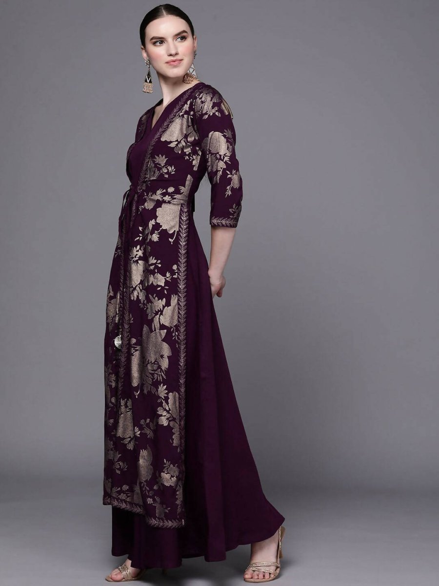 Ahalyaa Women Burgundy Floral Fit & Flare Maxi Ethnic Dress