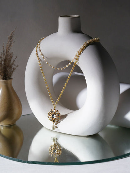 Layered Kundan and Pearl Gold Neckpiece (gold) - Ruby Raang