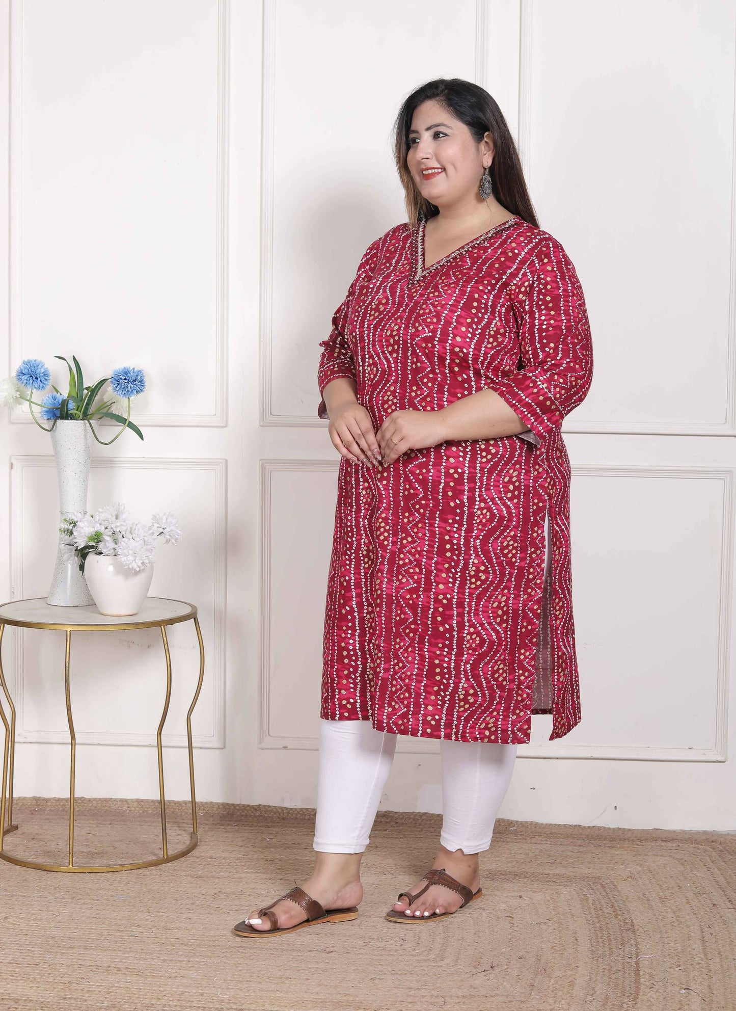 Miravan Women's Plus Size Bandhej Printed Rayon Kurta Magenta
