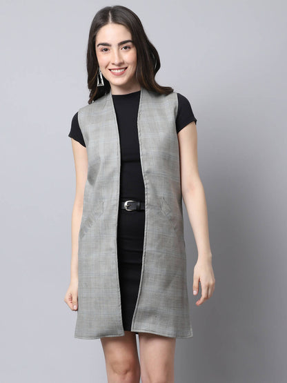 Even Apparels Grey Polywool Open Front Checked Women's Long Coat