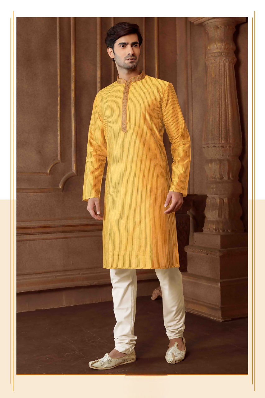 Joban Fashion Musturd art Silk Blend Strips kurta Pyjama
