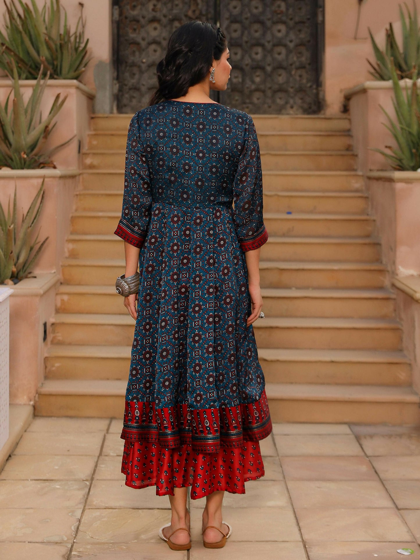 Juniper Women's The Chitrahar Blue Ethnic Motif Printed Cotton Dress With Mirror Work