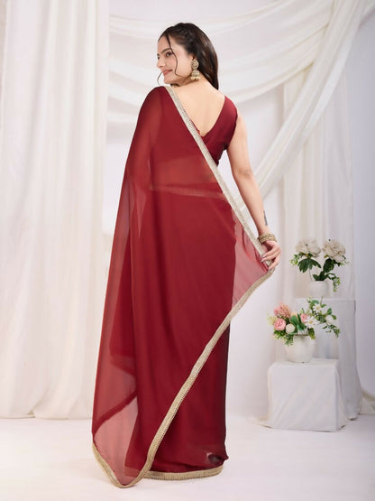 Maroon Rangoli Silk Solid, Lace Border Ready To Wear Saree - Kashvi
