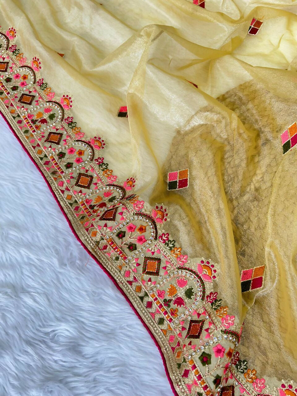 Vastranavya Twill Net Designer Embroidery & Colour Thread & Diamond work Saree with Blouse Material - Yellow
