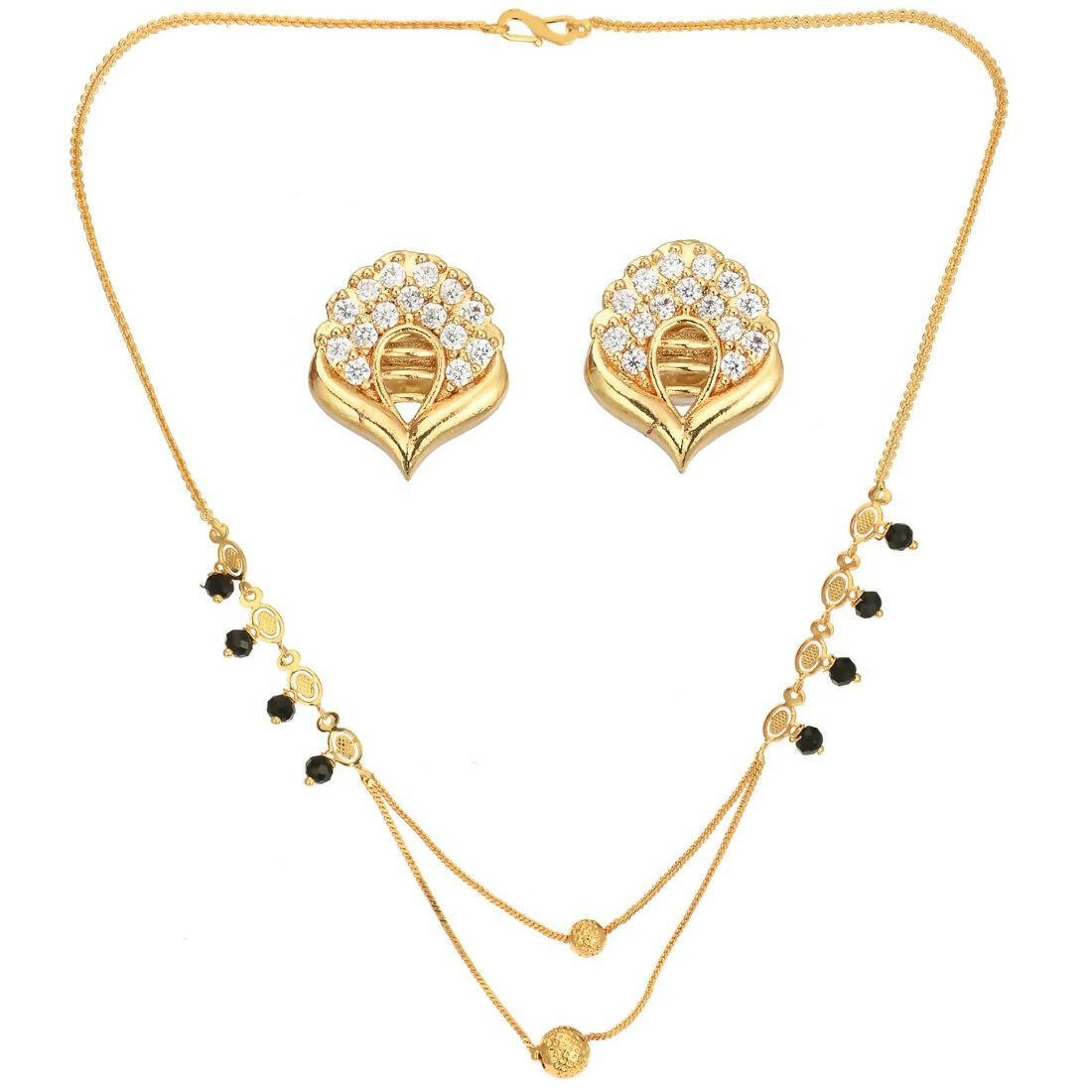 AanyaCentric Gold-Polished Short Mangalsutra Set with Earrings