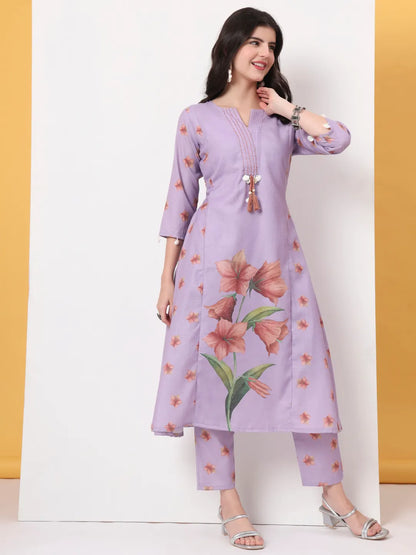 Yufta Lavender Linen Cotton A Line Kurta Dupatta Pant Set