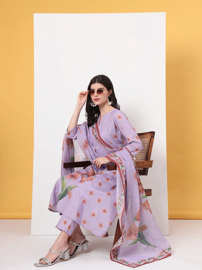 Yufta Lavender Linen Cotton A Line Kurta Dupatta Pant Set