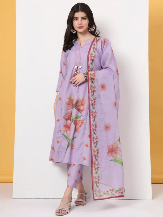 Yufta Lavender Linen Cotton A Line Kurta Dupatta Pant Set