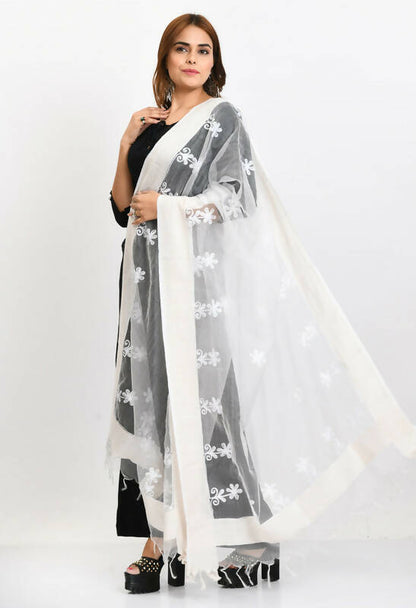 Mominos Fashion Moeza Women's Orgenza All Over Chikan Work White Dupatta