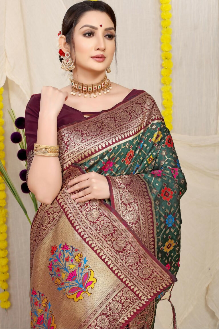 Jyoti Fashion Women's Bottle Green Patola Silk Zari Woven Saree with Blouse