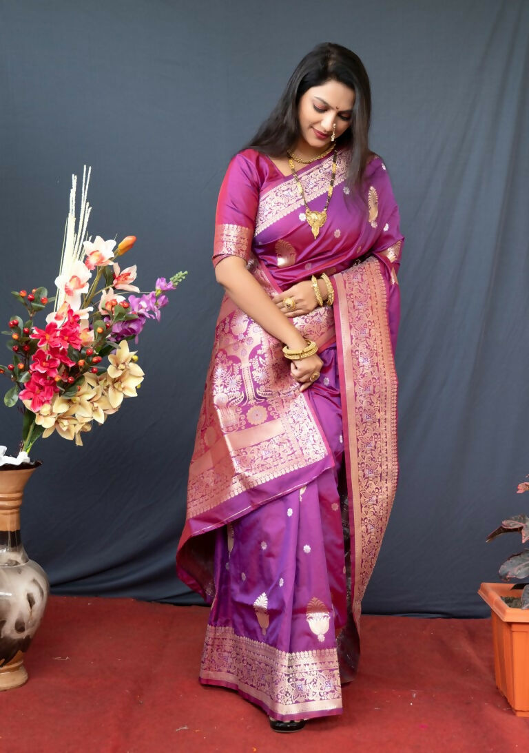 Jyoti Fashion Women's Purple Paithani Silk Zari Woven Saree with Blouse