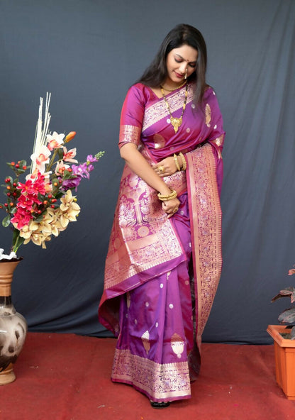 Jyoti Fashion Women's Purple Paithani Silk Zari Woven Saree with Blouse