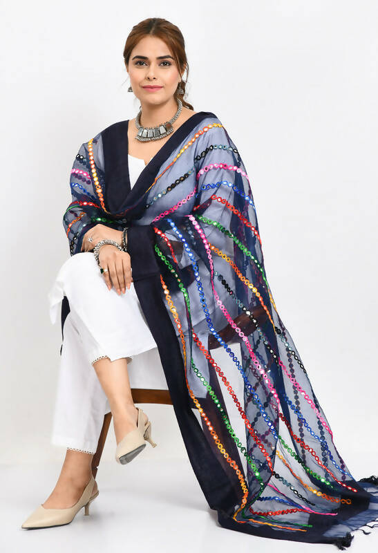 Mominos Fashion Moeza Women's Orgenza Multi Thread Mirror Work Navy Blue Dupatta