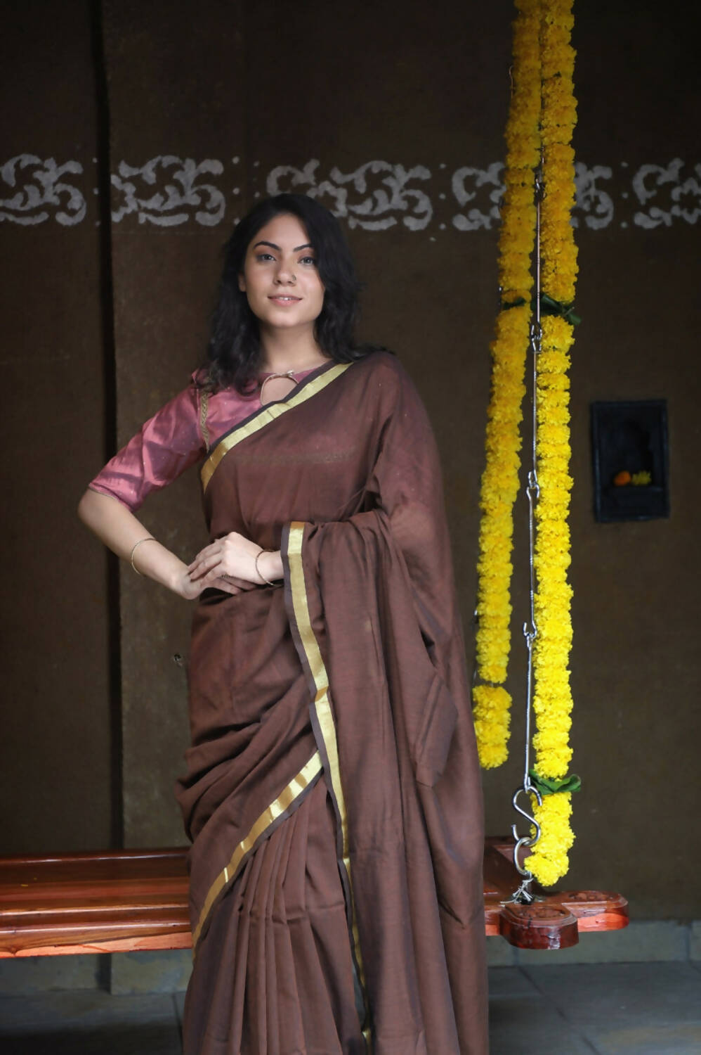 Very Much Indian Pure Cotton Handloom Saree With Intricate Borders - Brown