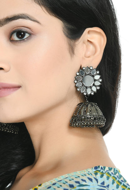 Mominos Fashion Johar Kamal Silver-Plated With Mirror Earrings Jhumkas