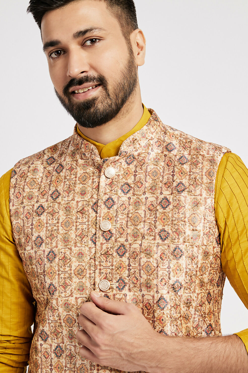 Ethnic India Cream Bundi Men's Jacket Abstract Polyester