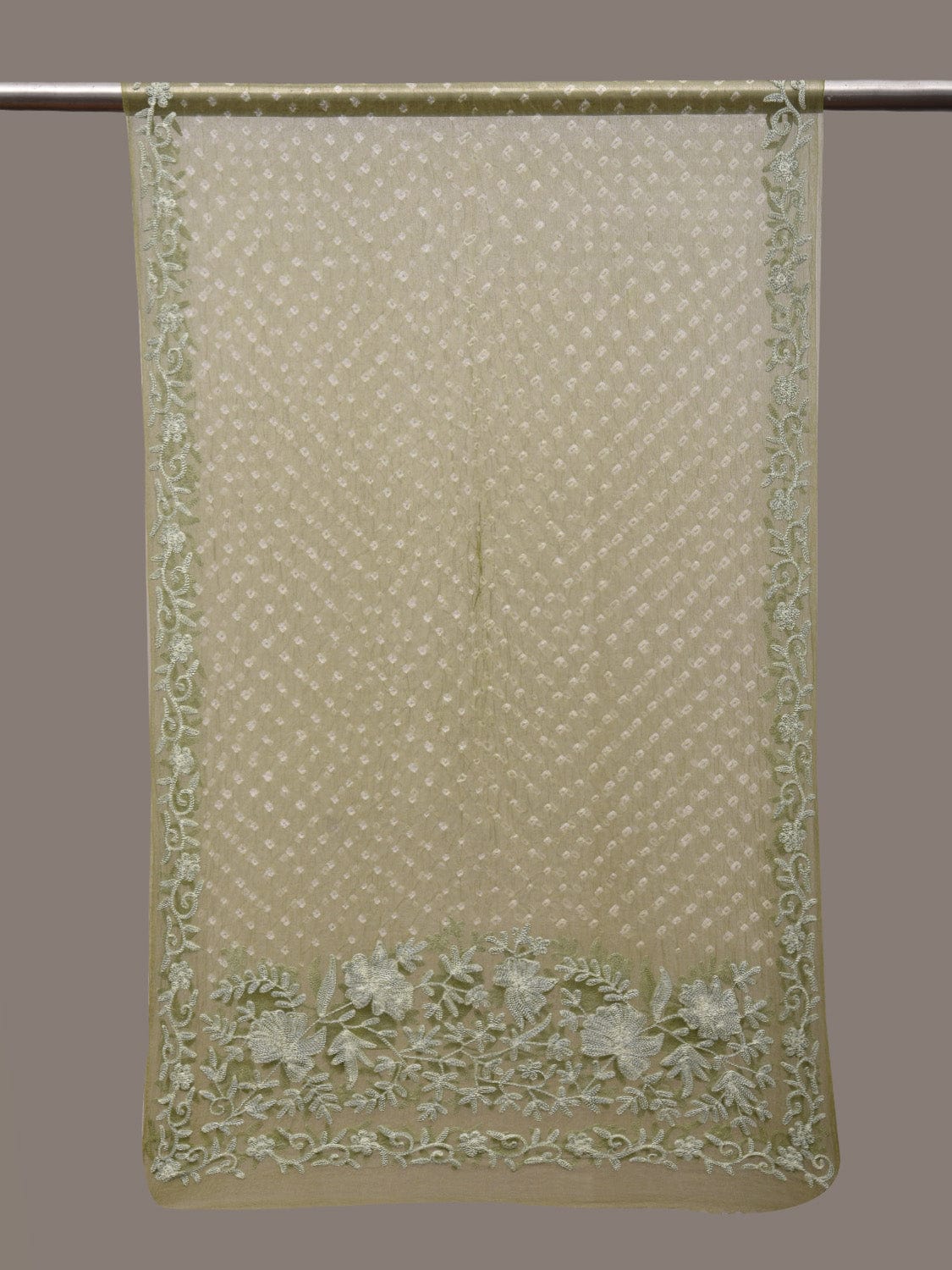 Light Green Bandhani Organza Stole with Embroidary Work Design - Global Threads