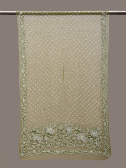 Light Green Bandhani Organza Stole with Embroidary Work Design - Global Threads