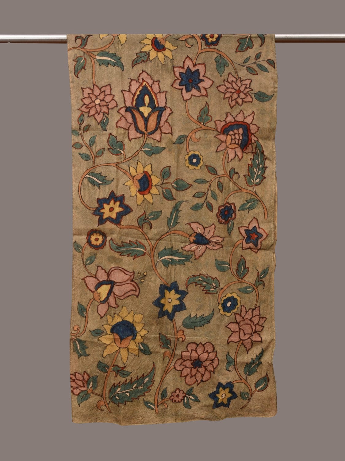 Light Green Kalamkari Hand Painted Sico Stole with Floral Design - Global Threads
