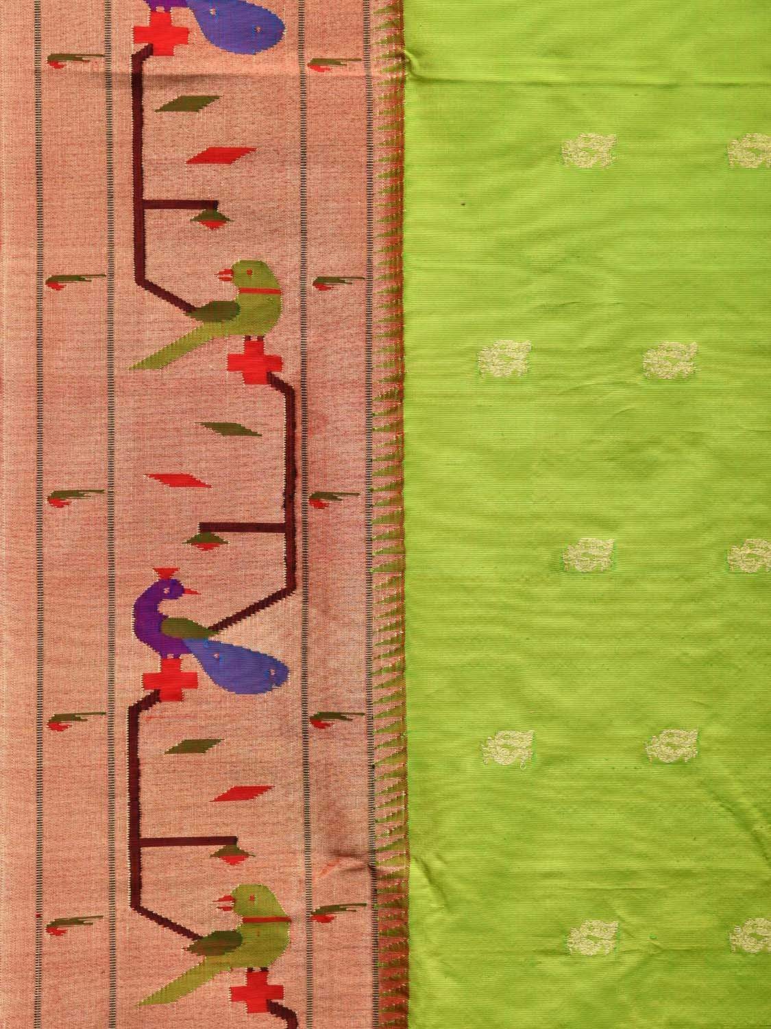 Light Green Paithani Silk Handloom Saree with Peacock-Parrot Border Design - Global Threads