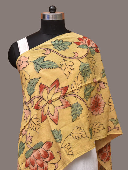 Light Yellow Kalamkari Hand Painted Sico Stole with Floral Design - Global Threads