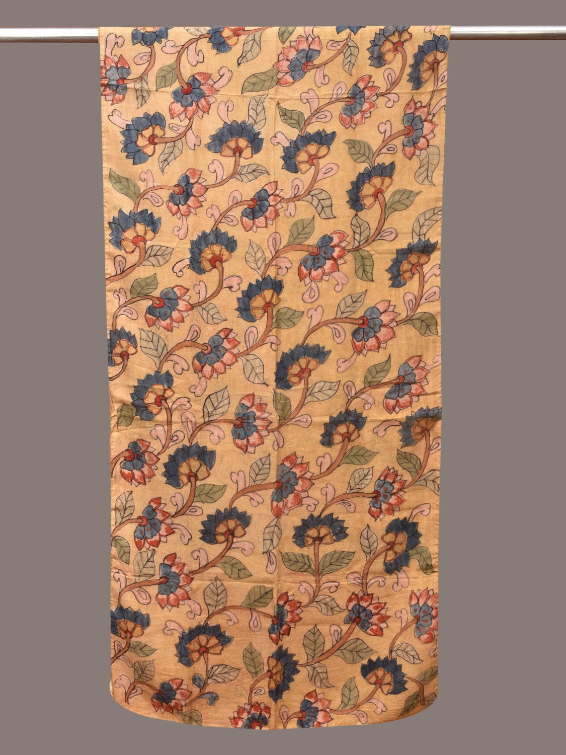 Light Yellow Kalamkari Hand Painted Sico Stole with Lotus Flowers Design - Global Threads
