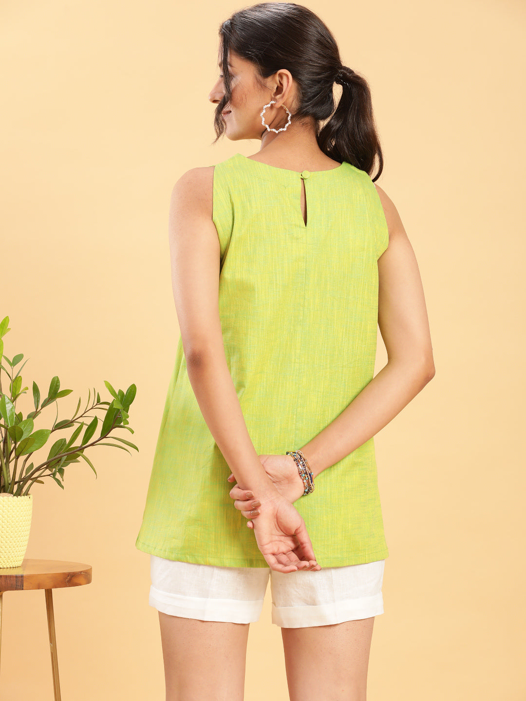 BohoJazz Lime Green Top with Motif and White Shorts Co-ord Set