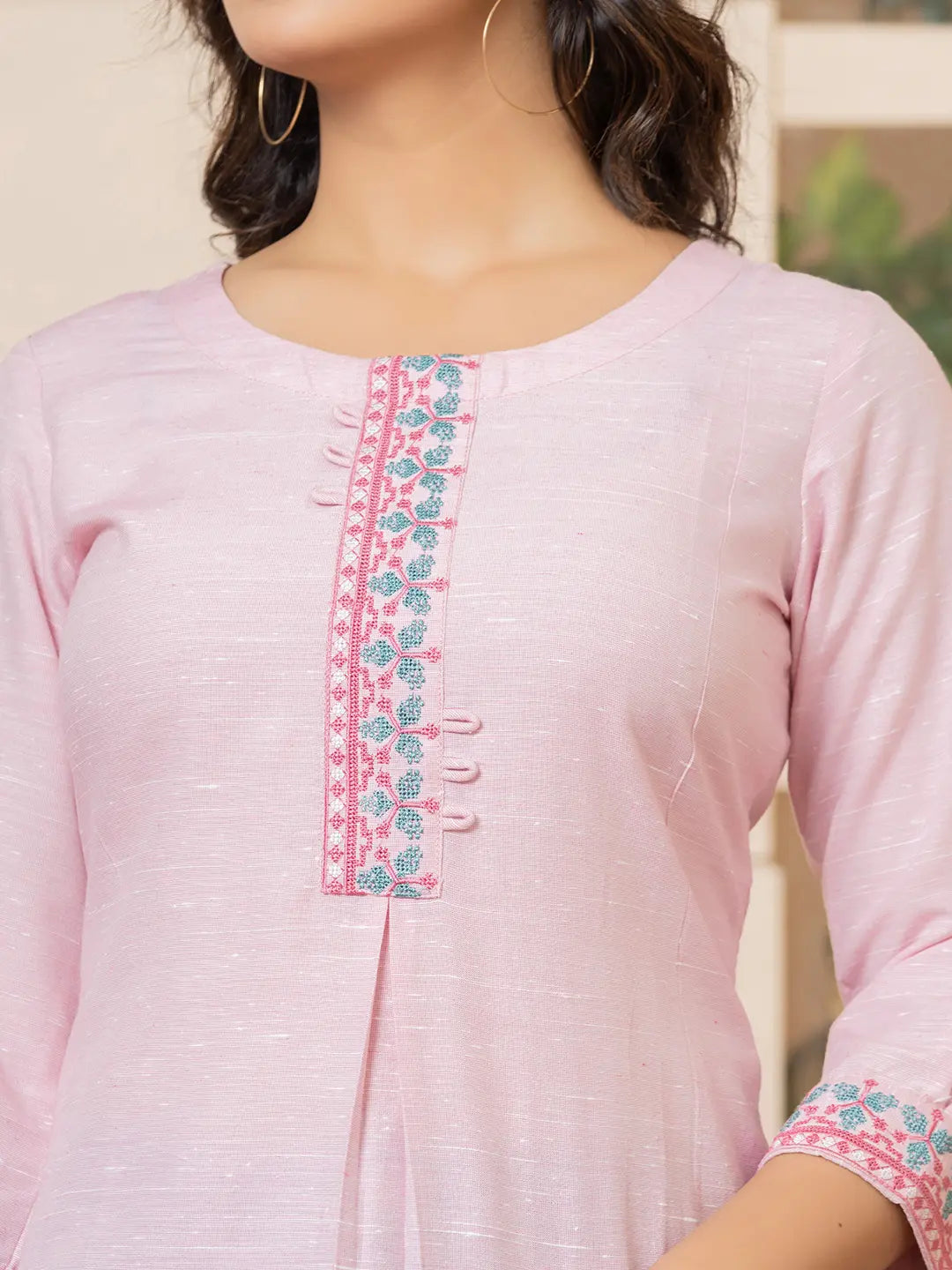 Yufta Linen Pink Embroidery Straight Kurta