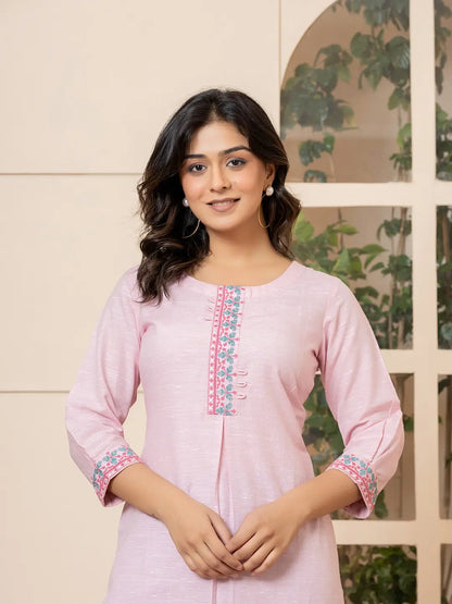 Yufta Linen Pink Embroidery Straight Kurta