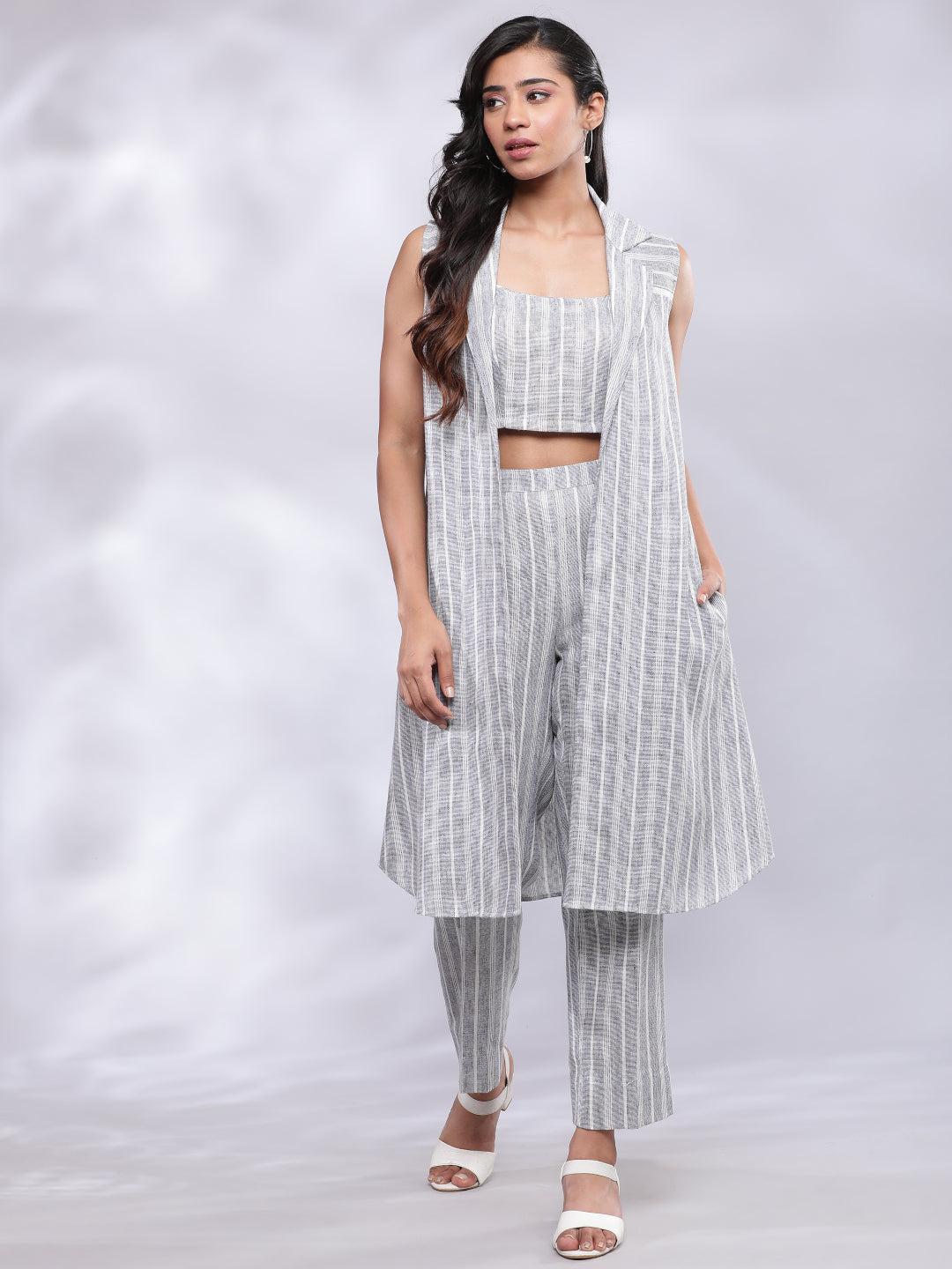 BohoJazz Striped Linen Three Piece Co-ord Set - Blue & White