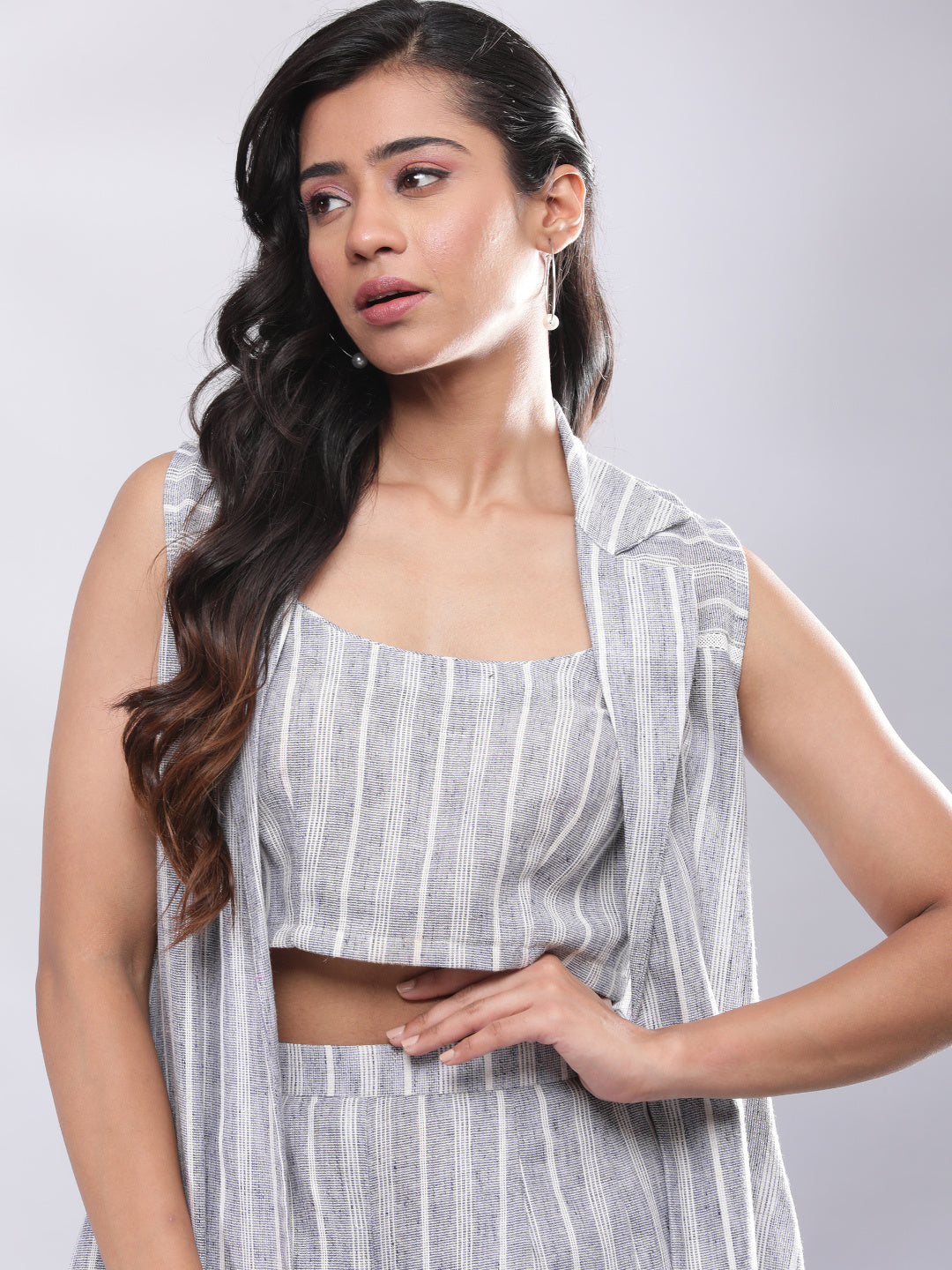 BohoJazz Striped Linen Three Piece Co-ord Set - Blue & White