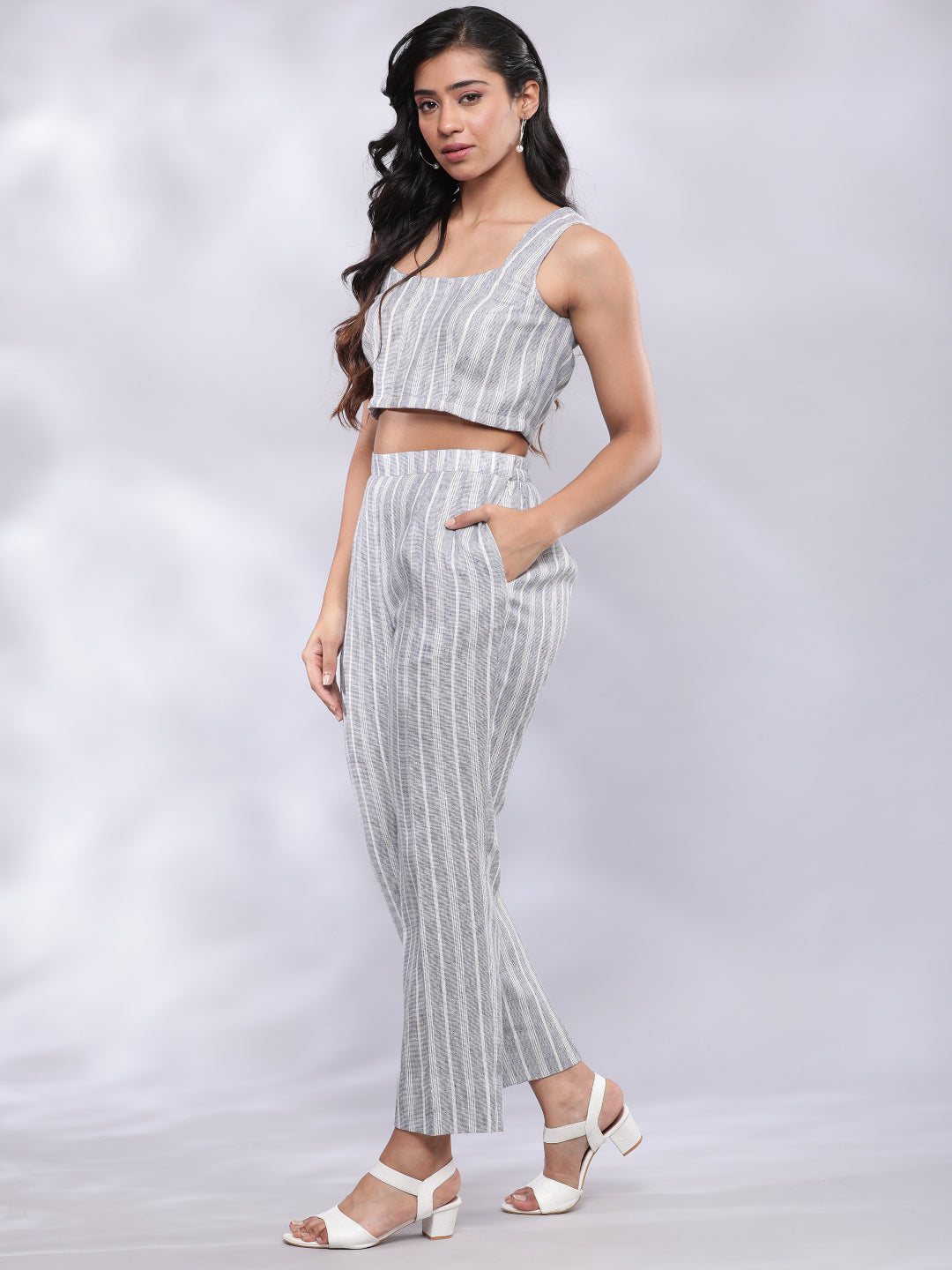 BohoJazz Striped Linen Three Piece Co-ord Set - Blue & White