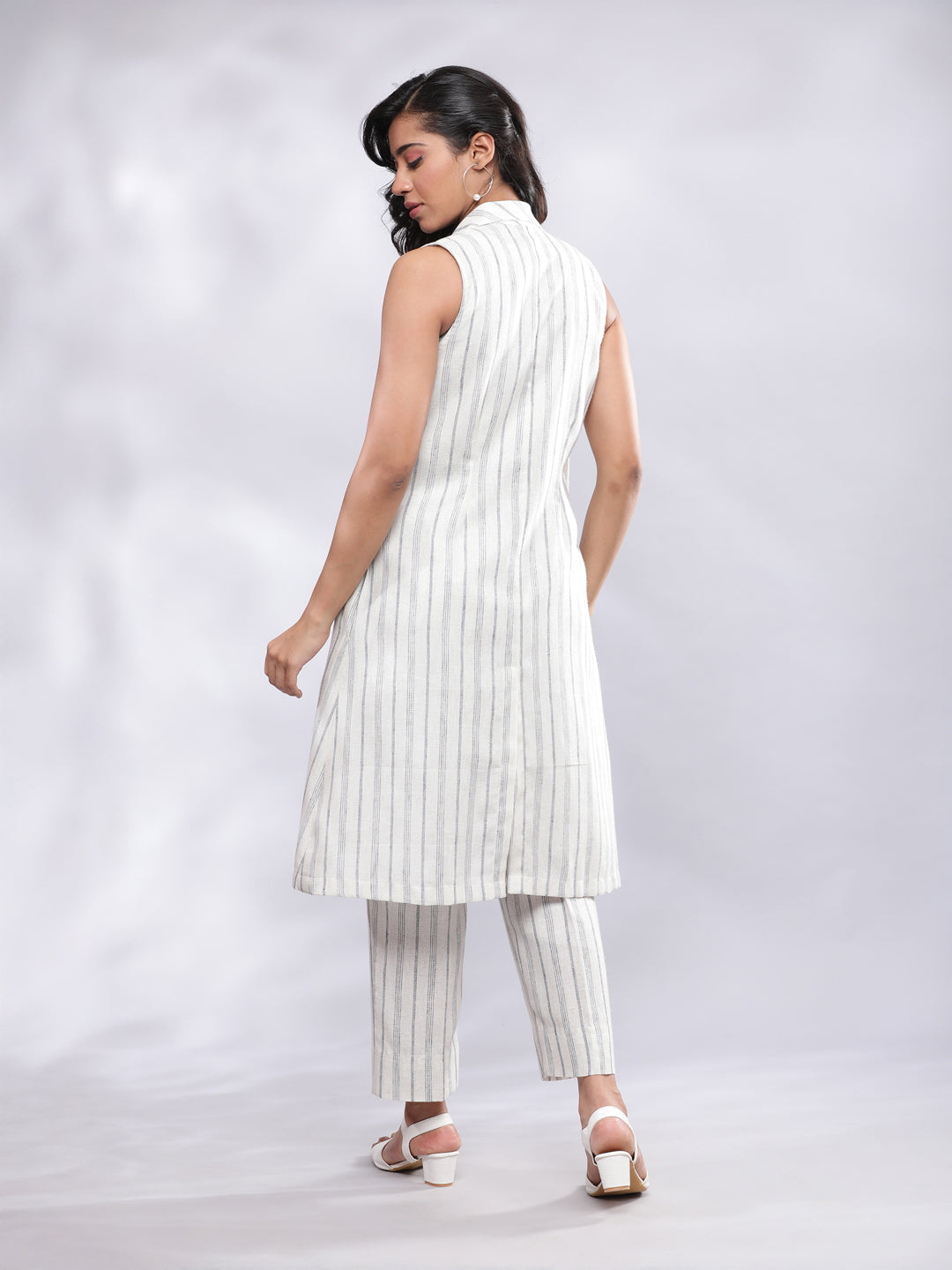 BohoJazz Striped Linen Three Piece Co-ord Set - White & Blue