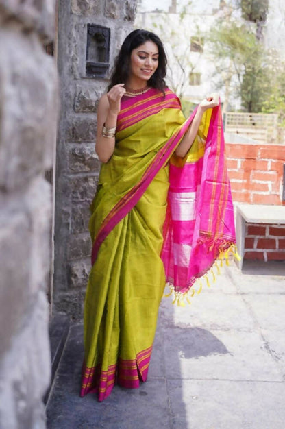 Very Much Indian Handloom Cotton Viscose Ilkal Saree - Bright Green