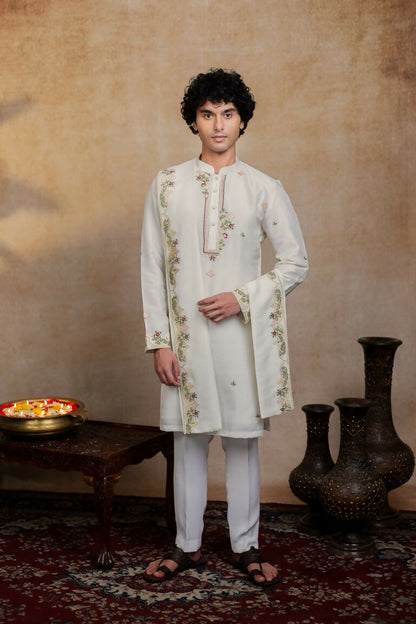 Falling Raw Silk Off White Geometric Symphony Kurta Set By Hilo Design