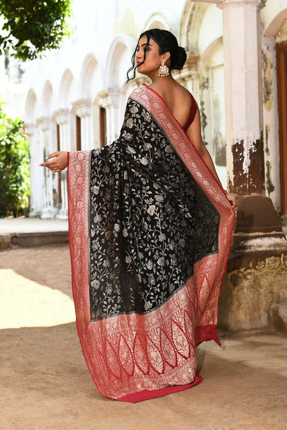 Joban Fashion Black Crepe Chiffon Pure Handloom Banarasi Silk Saree