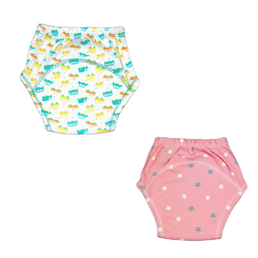 Kindermum Cotton Padded Pull Up Training Pants/Padded Underwear For Kids Peachy Star & Green Car-Set of 2 pcs