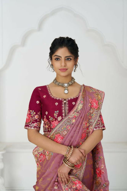 Kesar Fab Threaded Blossoms: Pink With Colorful Floral Embroidery Saree