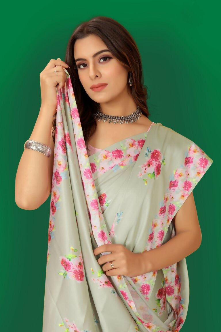 Aayaa Designer Printed Satin Saree - Multi Color