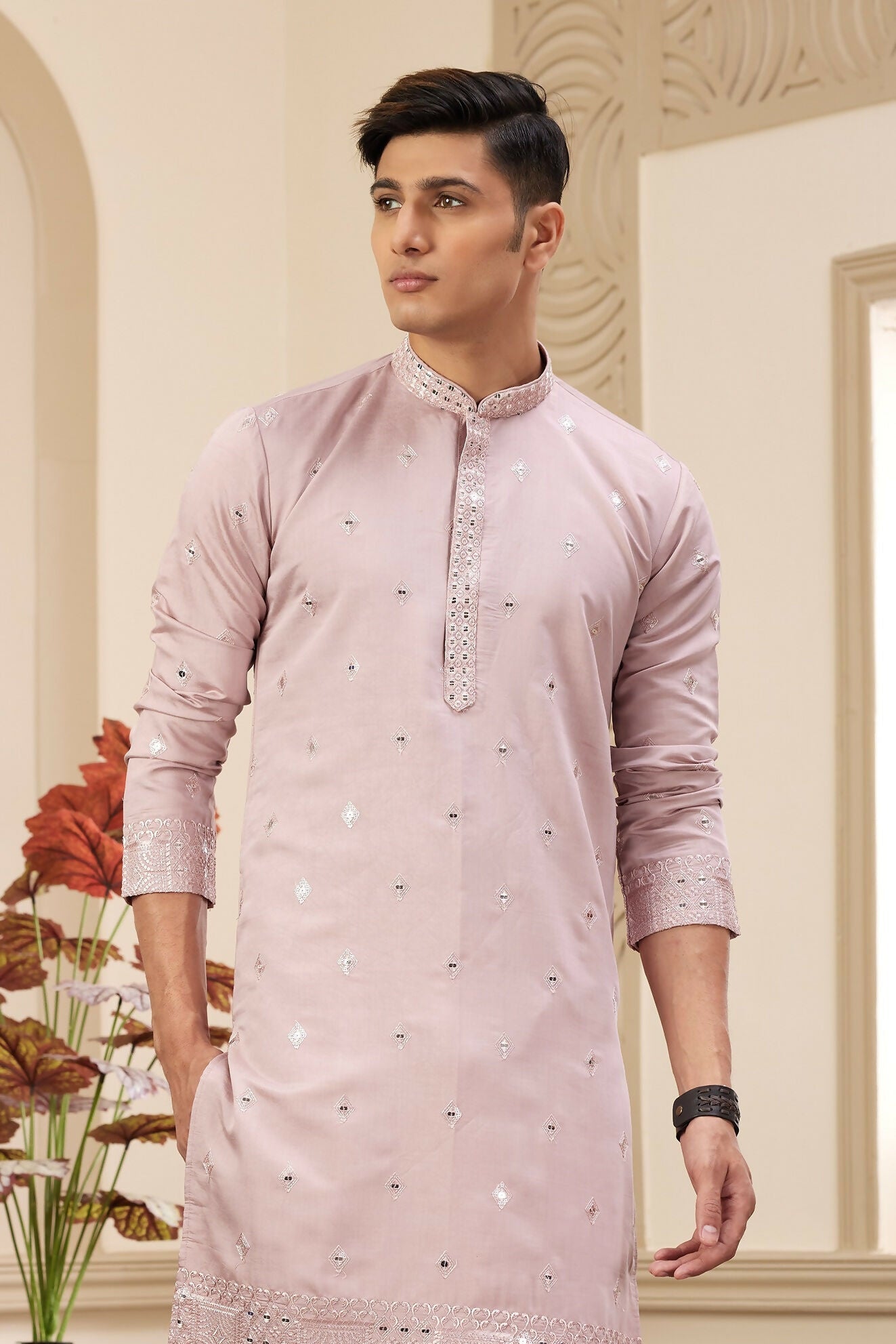 Raivat Ethnic Men's Art Silk Thread Work Kurta Pyjama In Onion Colour
