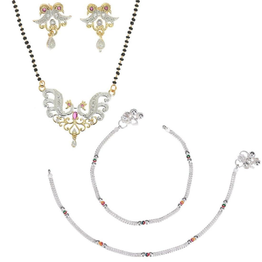 AanyaCentric Gold-Polished Mangalsutra Pendant Earring Set & Silver Plated Anklet