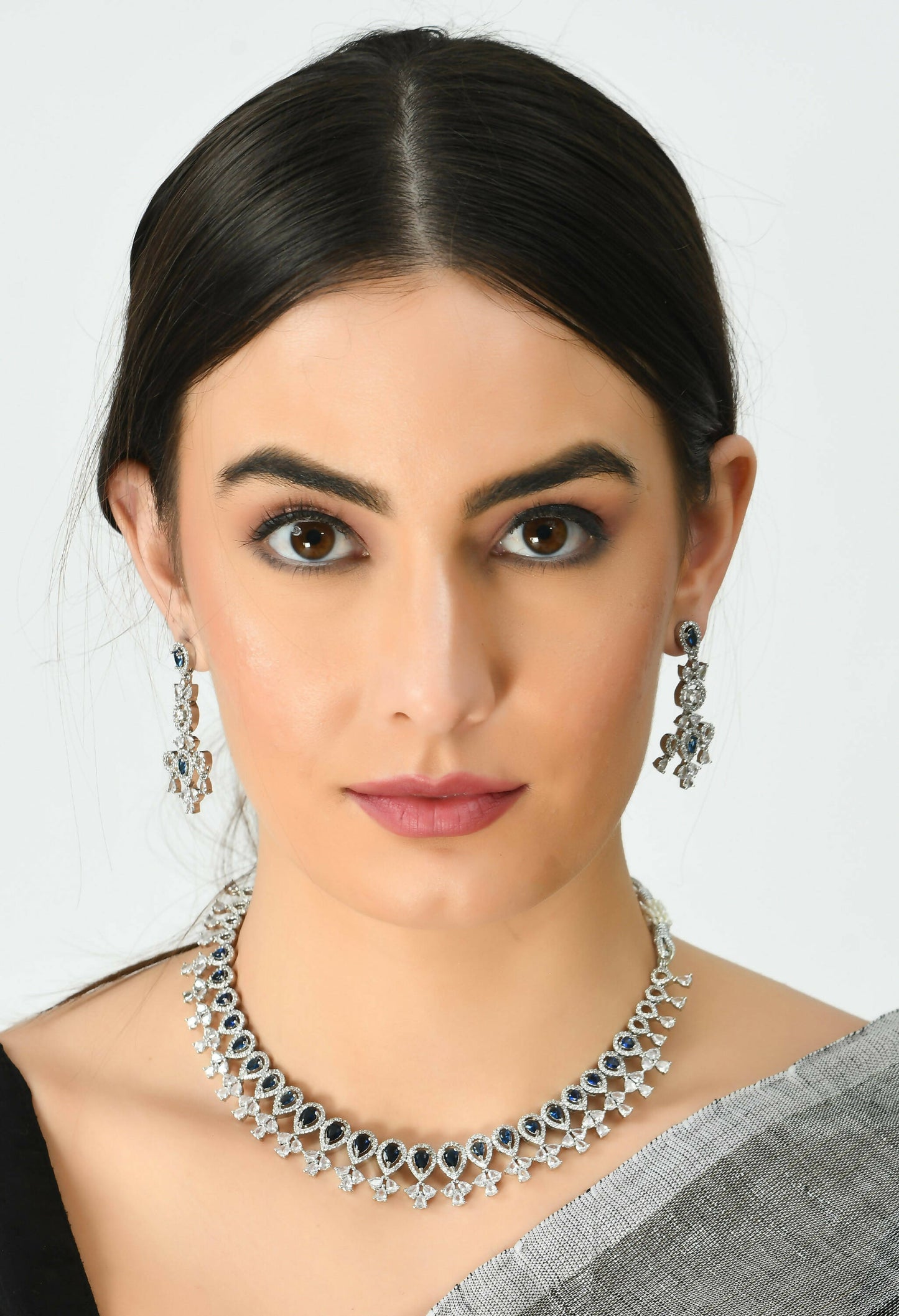 Mominos Fashion Johar Kamal Silver-Plated American Diamond Silver Blue Choker Set