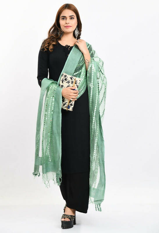 Mominos Fashion Moeza Women's Orgenza Mirror Stripe Thread Work Pista Green Dupatta
