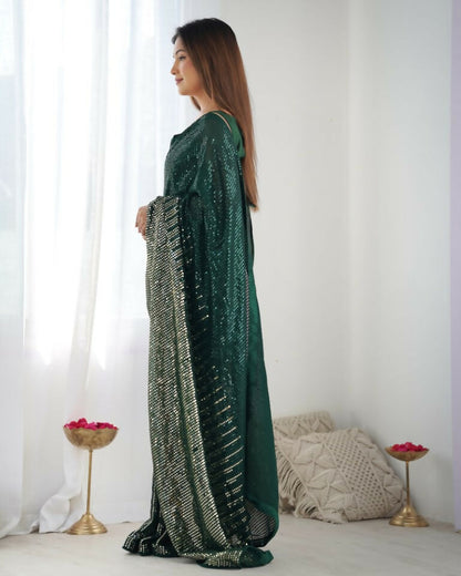 Green Georgette Designer Sequence Embroidery Work Saree - Sitare