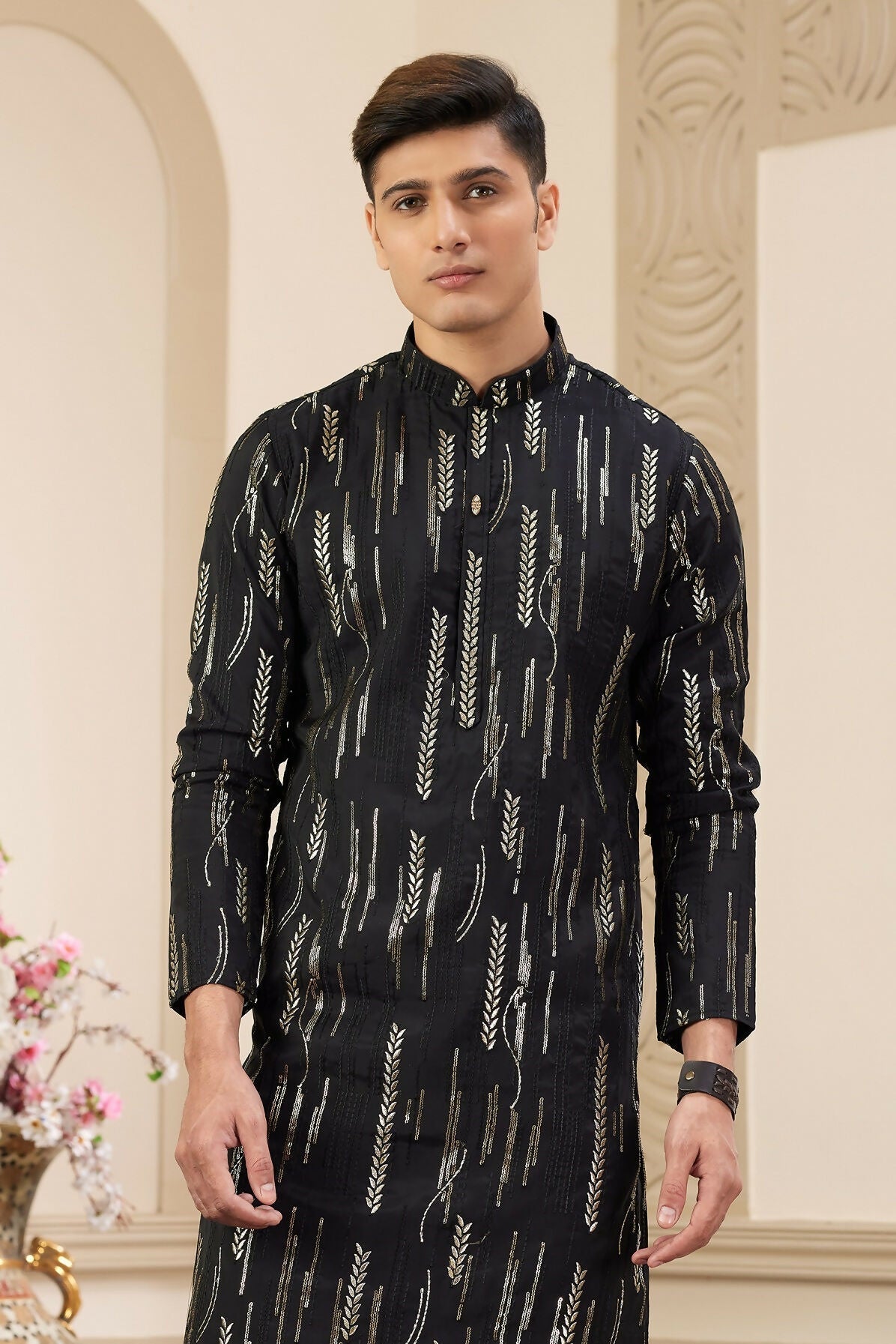 Raivat Ethnic Men's Art Silk Thread Work Kurta Pyjama In Black Colour