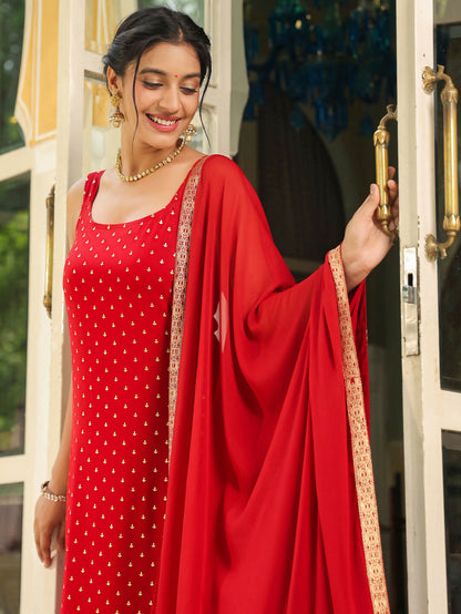 Janasya Maroon Rayon Foil Print Kurta,Bottom & Dupatta