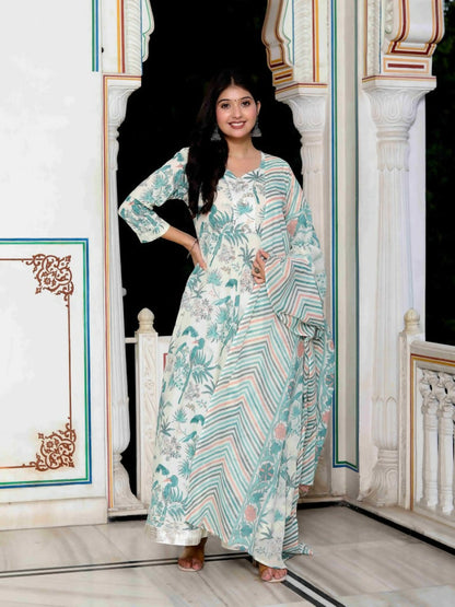 Miravan Women's Light Green Birds And Leaf Floral Printed Anarkali Kurta And Dupatta Set