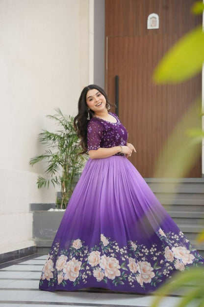 Vastranavya Purple Faux Blooming With Beads Embroidered work and Rich Floral Pedding Digital Print Gown