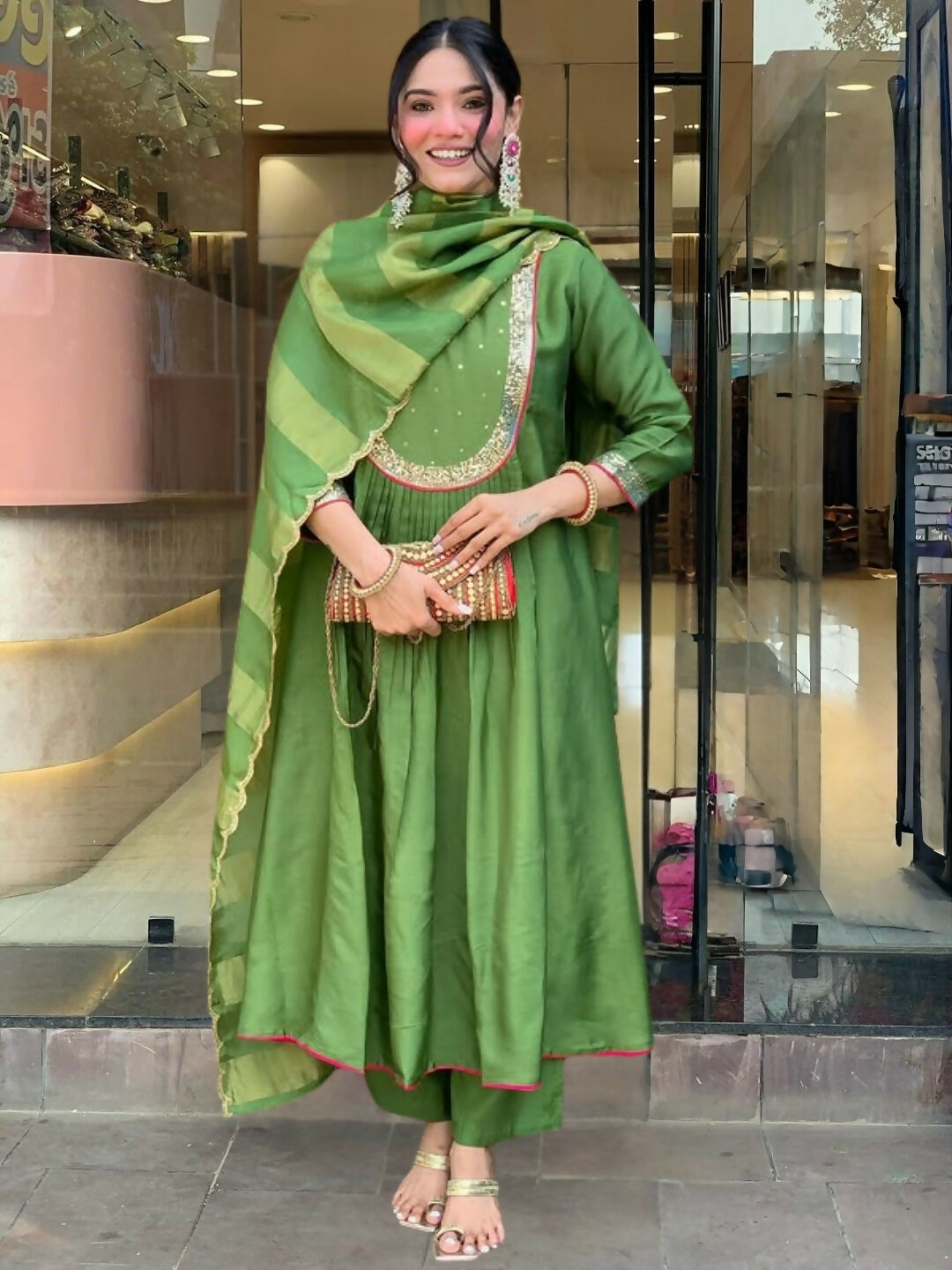 The52 Light Green Women's Gorgeous Embroidered Work Chanderi Fabric Flared Kurta Pant and Dupatta Set